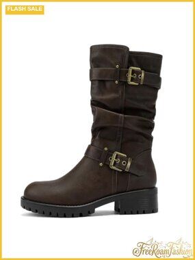 Wide Width Mid Calf Boots Faux Leather Slouch Biker Boots Women